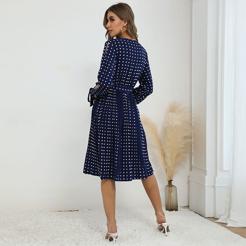 Fashion Women's Hollow Long-Sleeved Blue Polka Dot Dress Autumn And Winter