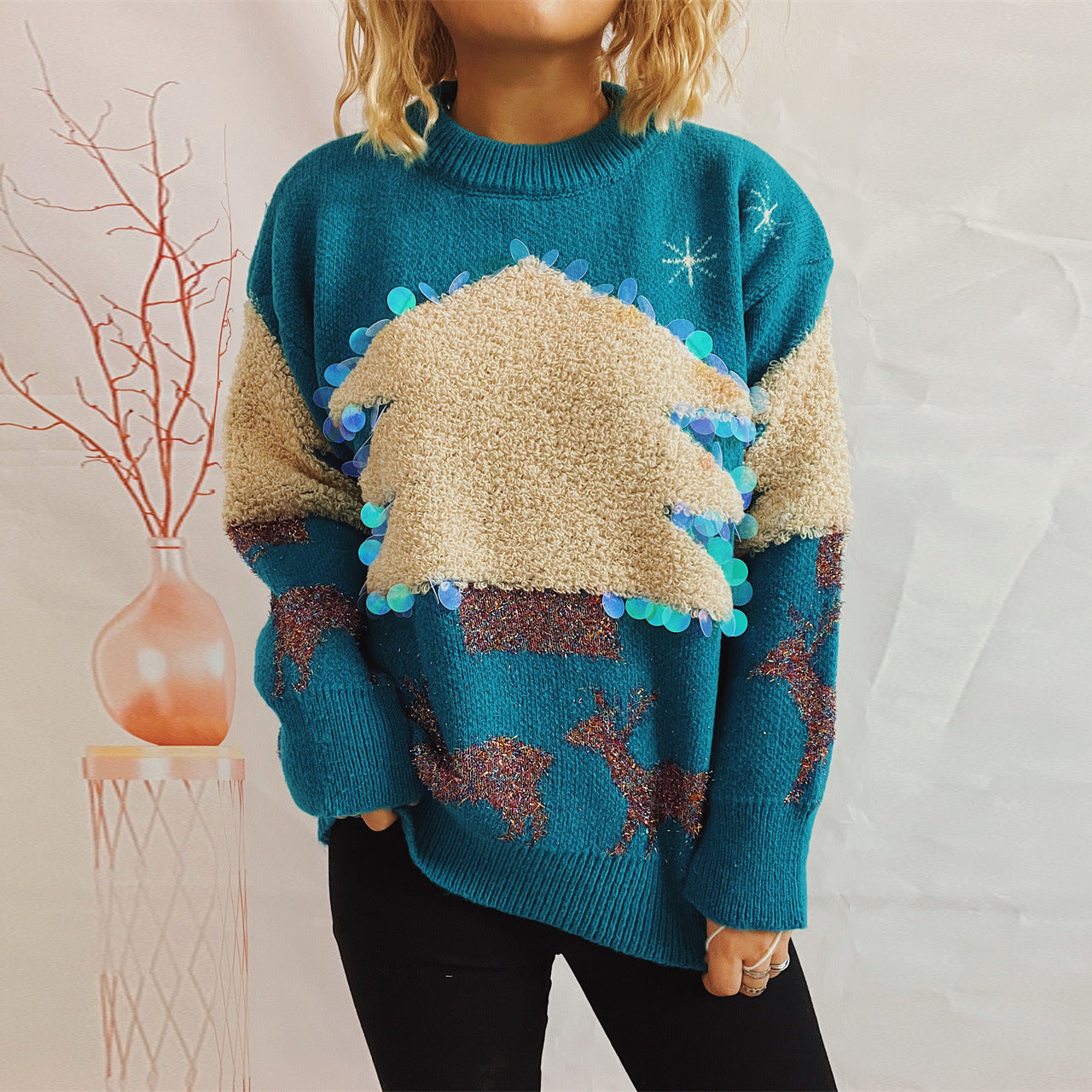 Christmas Holiday Sweater Handmade Sequined Christmas Tree Fawn Jacquard Thickened Jumper