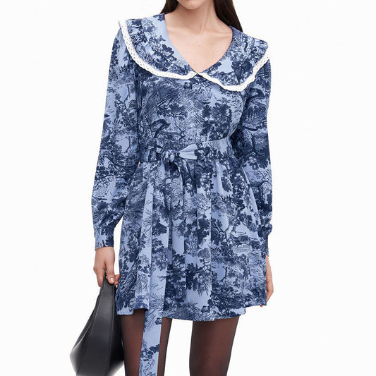 Autumn Sexy Touch Floral V-Neck Bubble Sleeve Dress With Stylish Bow Lace-Up Skirt