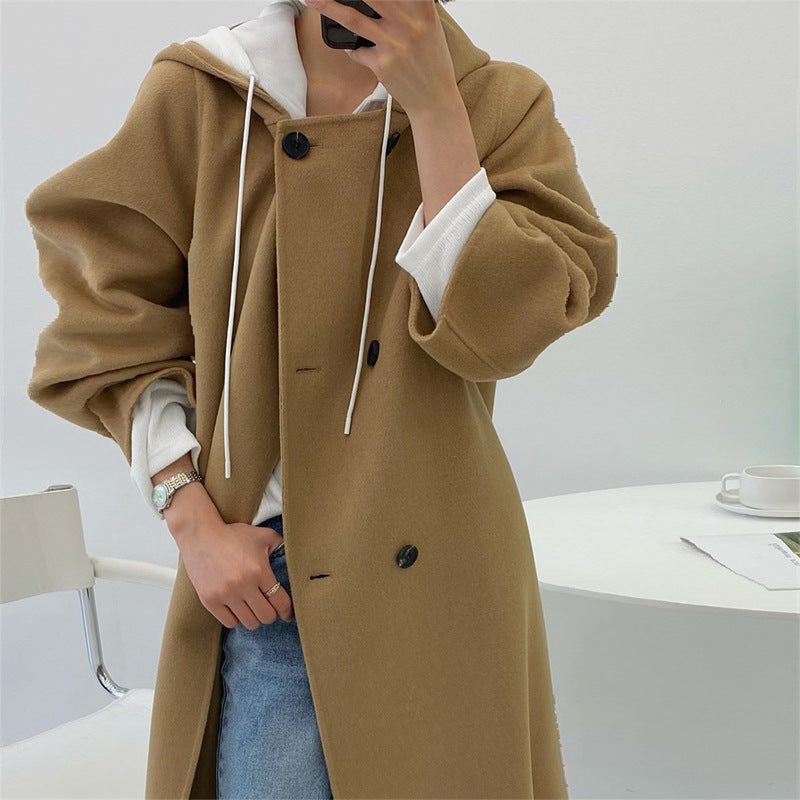 Hooded Long Autumn And Winter New Loose And Lazy Woolen Coat Double-Sided Wool Coat Woman