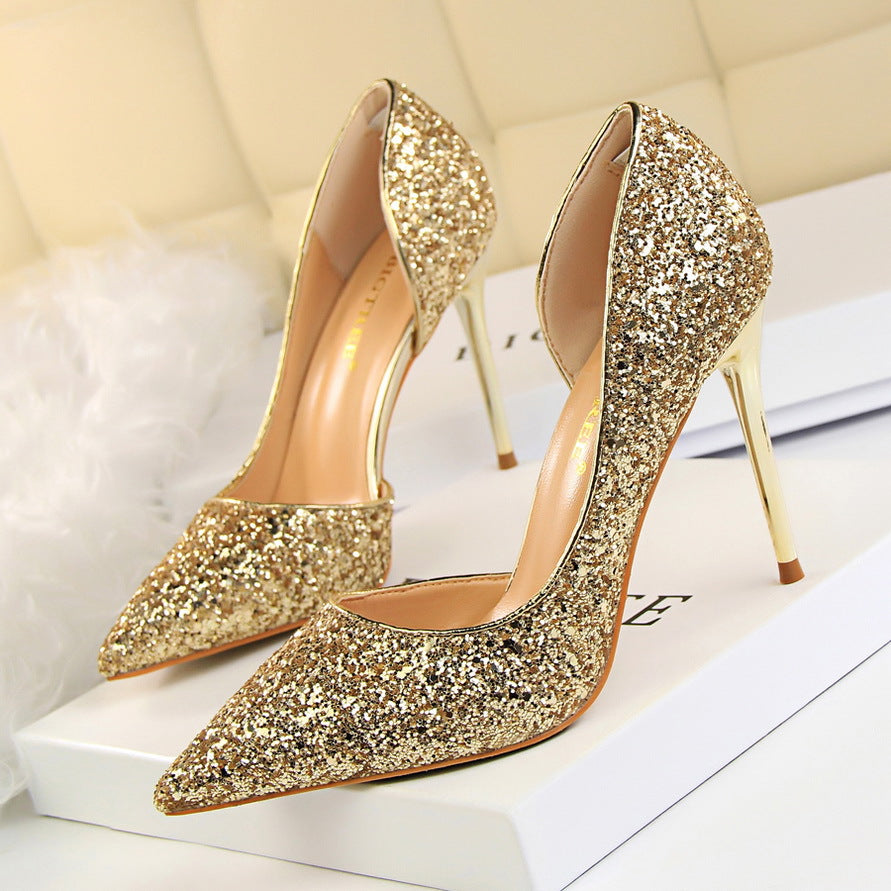 Sexy Nightclub Slim Women's Shoes With Slim Heels, High Heels, Shallow Mouth, Pointed Side Hollowed Sequins