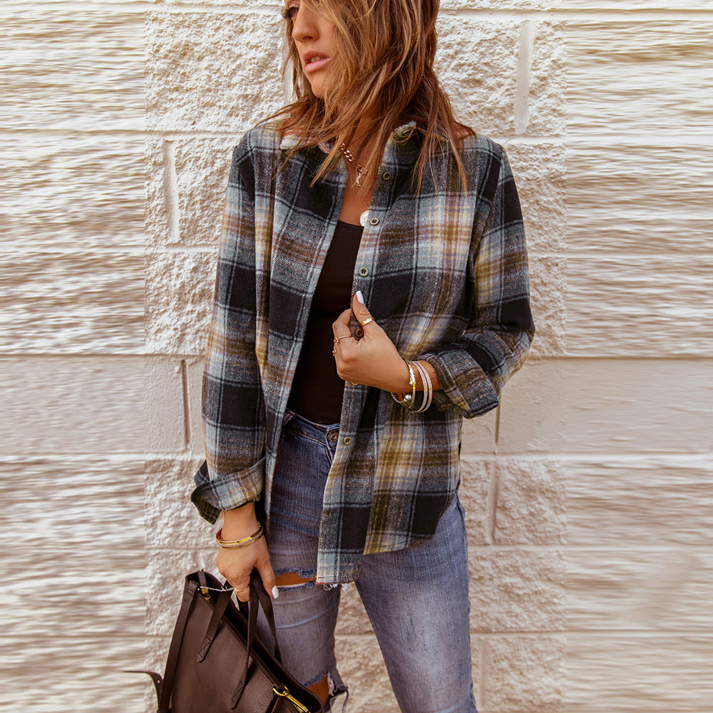 Autumn Mid-Length Plaid Shirt Women's Year Lapel Loose Long-Sleeved Top