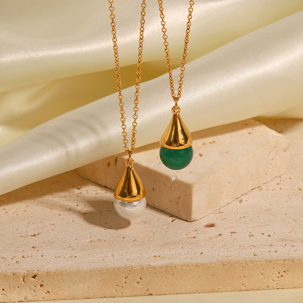 5pcs Gold Drop Necklace Does Not Fade Titanium Steel Neo-Retro Style Geometric Inlaid Green Natural Stone Pendant Necklace