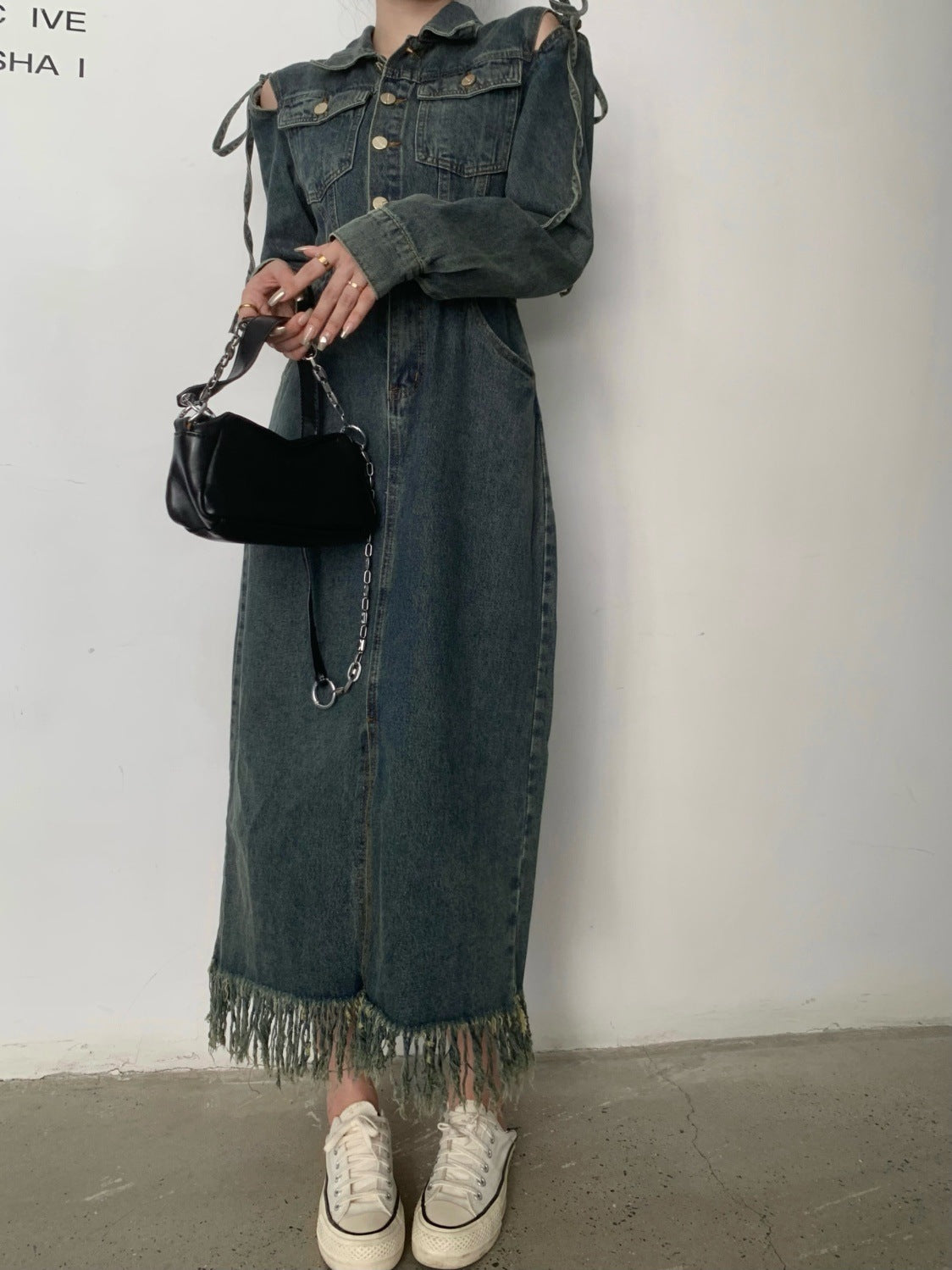 Slit Denim Dress Large Size Fat Mm Design Sense Off-Shoulder Fringe Autumn Vintage Waist Skirt Women