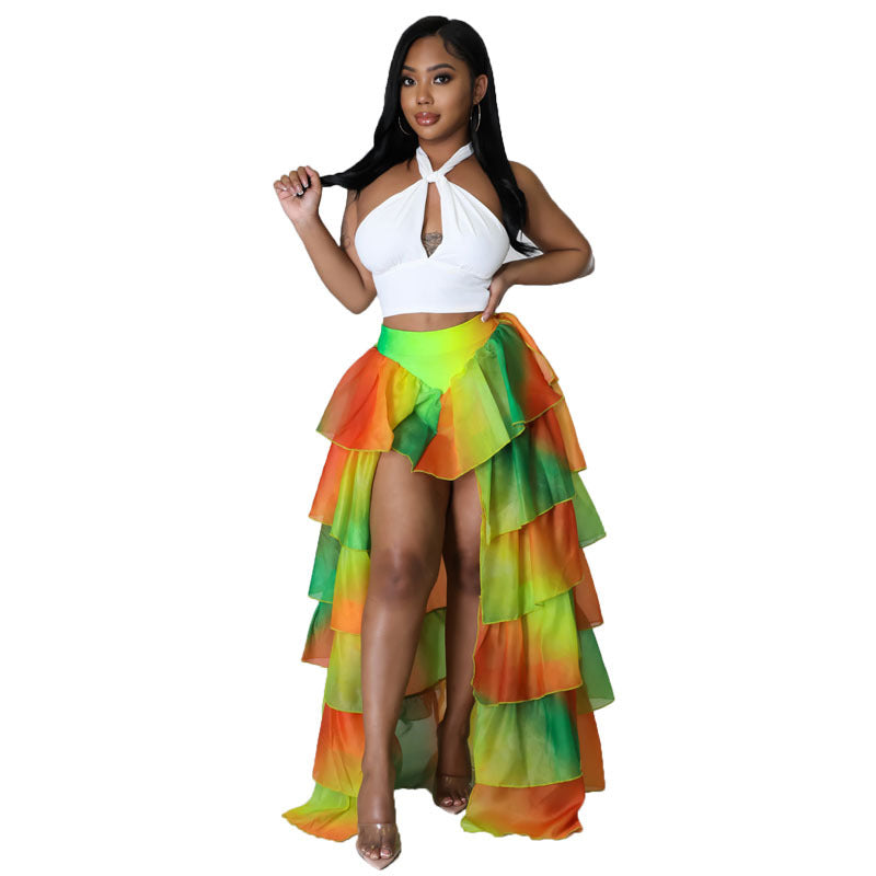 Women's Summer New Irregular Split Half Skirt Printed Gauze Cake Skirt