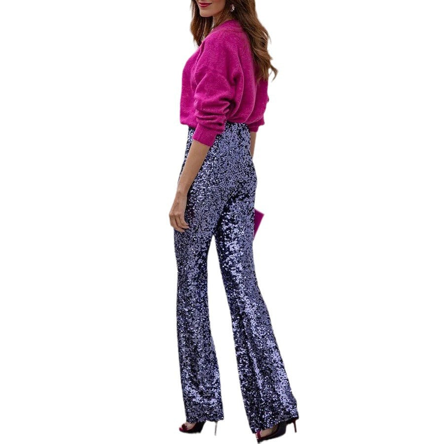 New Party Sequin Elasticated Waist Slim-Fit Stretchy Flare Ing Stylish Multicolor Pants