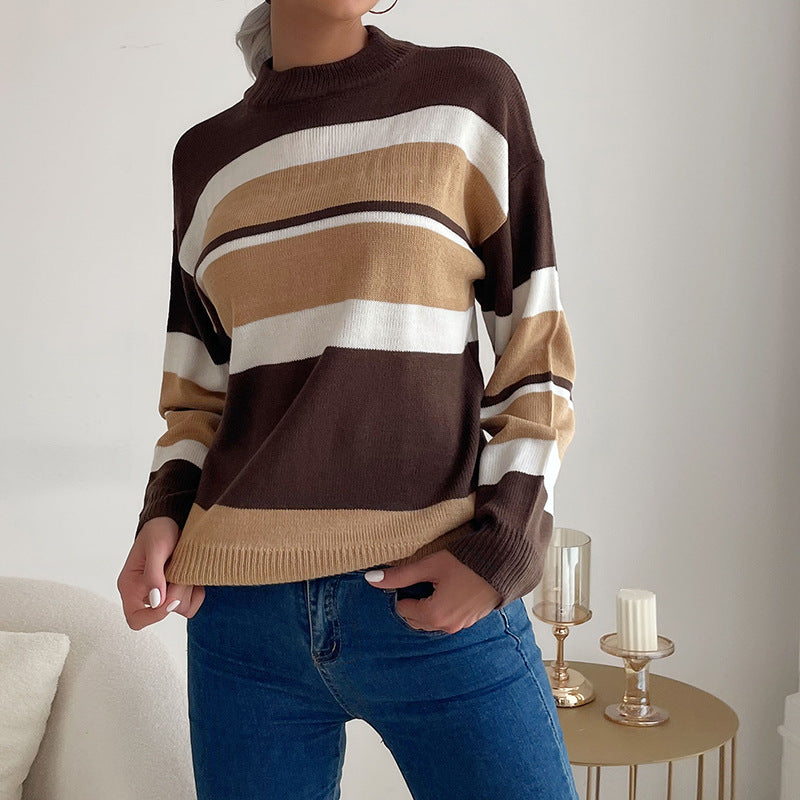 Women's Patchwork Color Contrast Long-Sleeved Half-Turtleneck Sweater