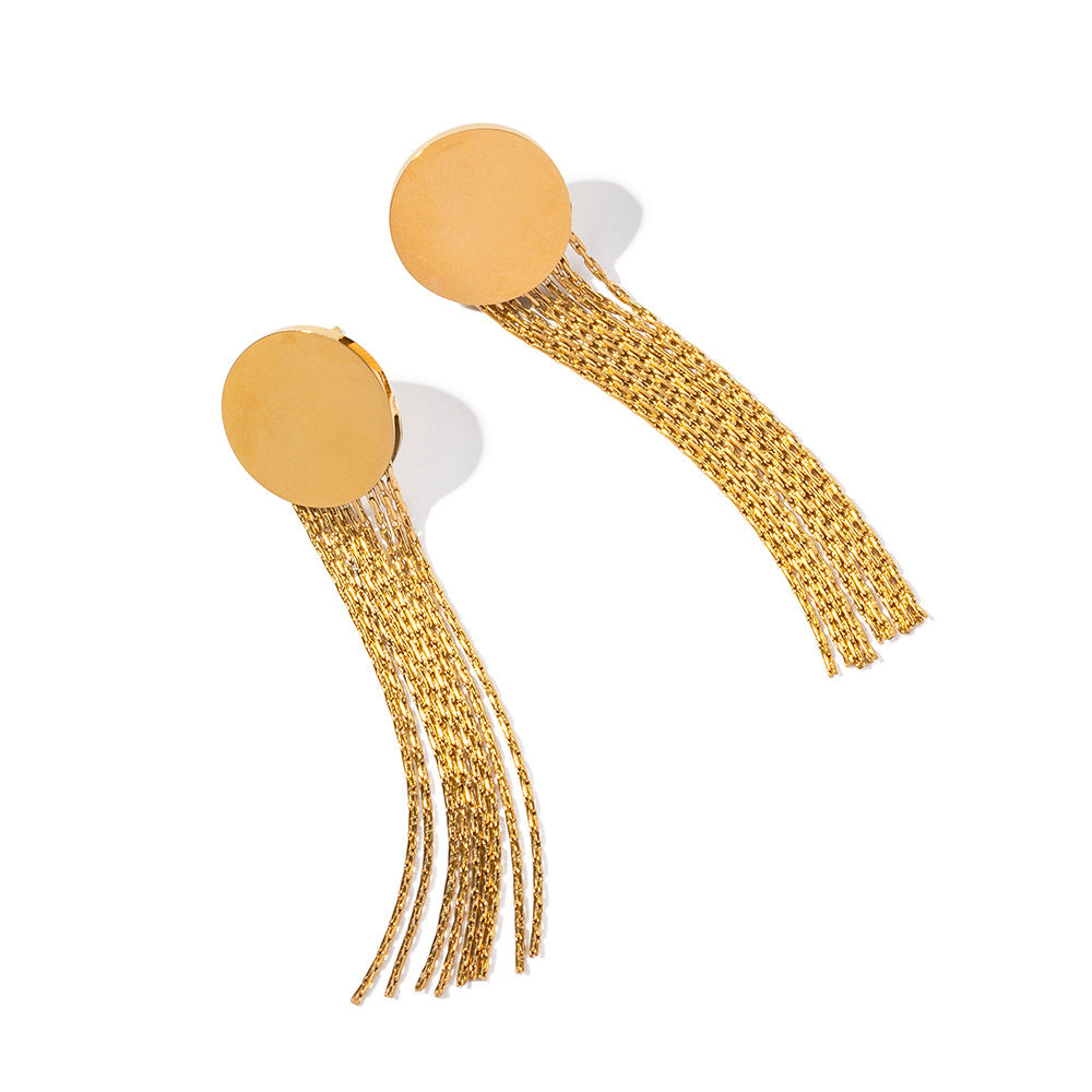 5pcs Simple 16K Gold Stainless Steel Round Long Strip Tassel Earrings Exaggerated Temperament Stud Design Feel Earrings Women