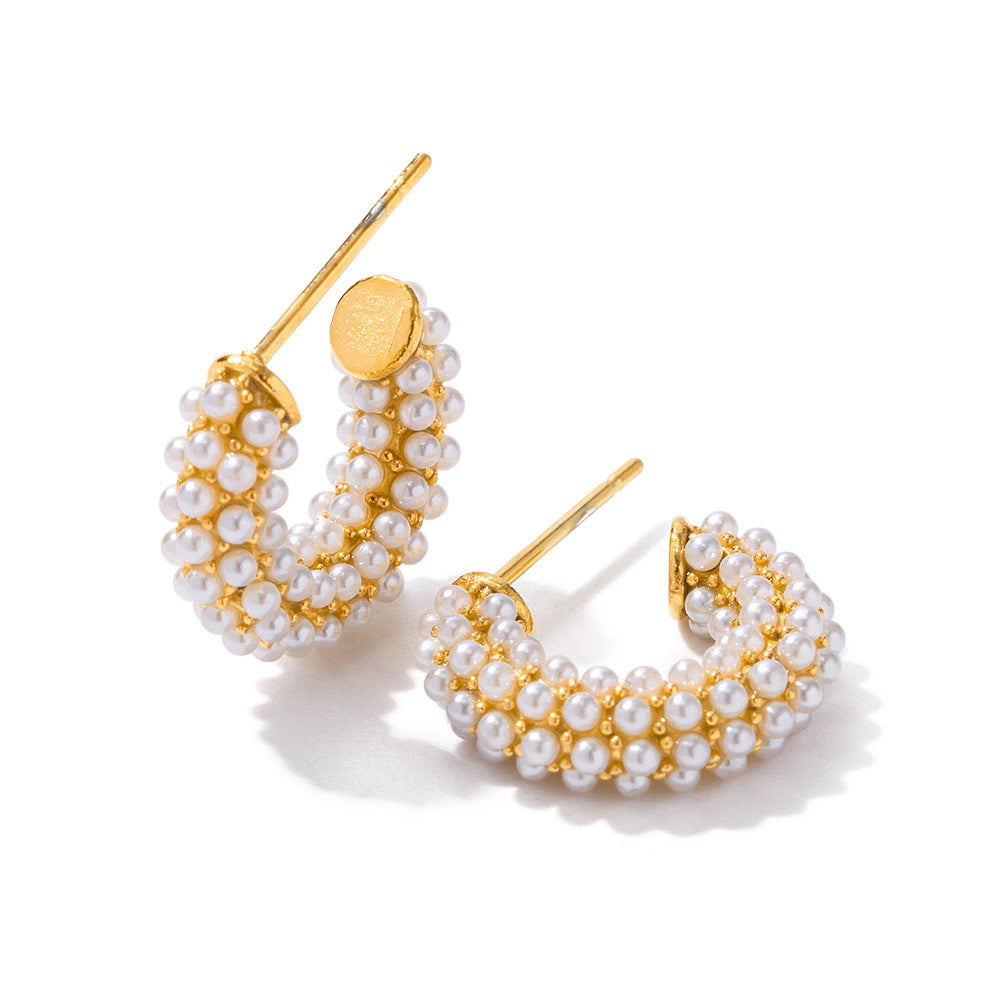 5pcs The New Fashion All-Earrings 18K Gold-Plated Stainless Steel With Pearl Studded Mini C-Shaped Earrings For Women