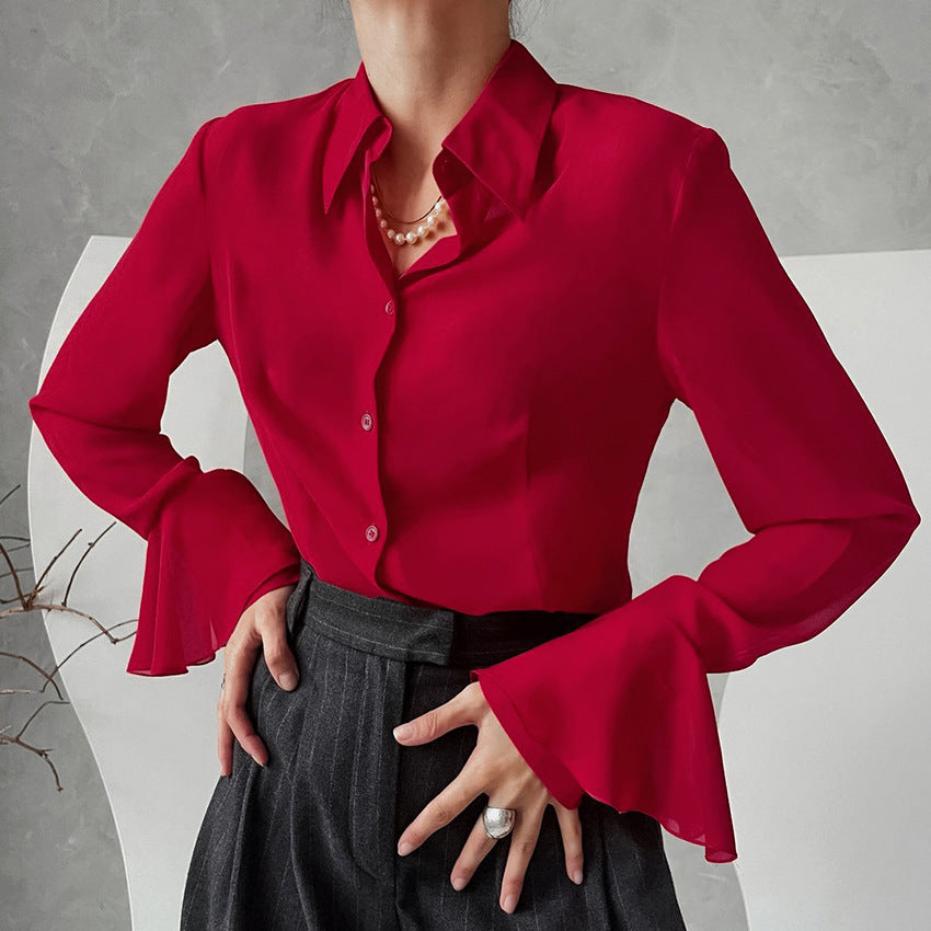 Red Chiffon Temperament Flared Sleeve Lapel Women's Shirt New Spring Fashion Woman