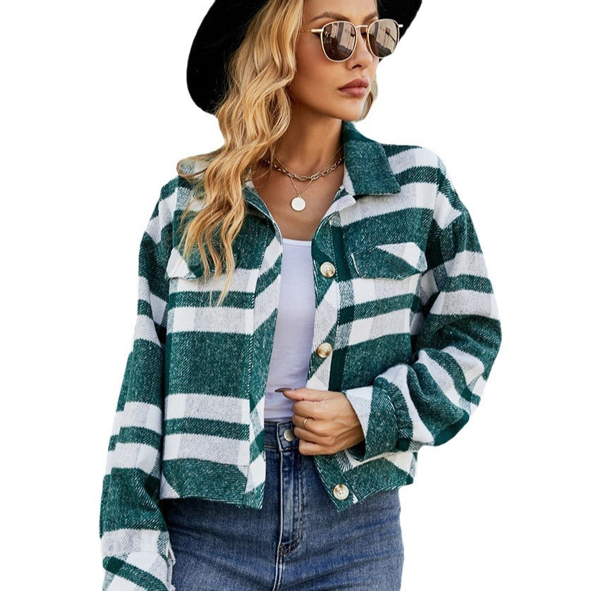 Autumn Winter Lapel Loose Type Women's Plaid Shirt Short Woolen Coat Women's Wear