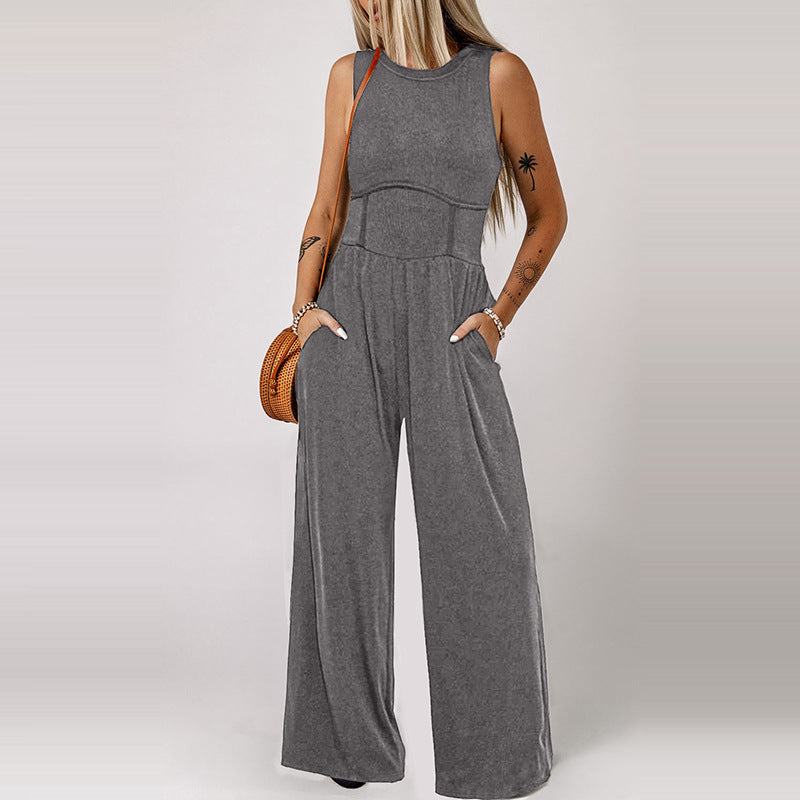 Fashion Simple Round Neck Sleeveless Jumpsuit Women Summer New Casual High Waist Wide Leg Pants Women