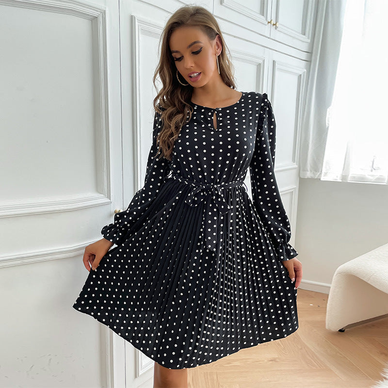 Vintage Women's Polka-Dot Autumn And Winter Pleated Skirt Round Neck Long-Sleeved Dress