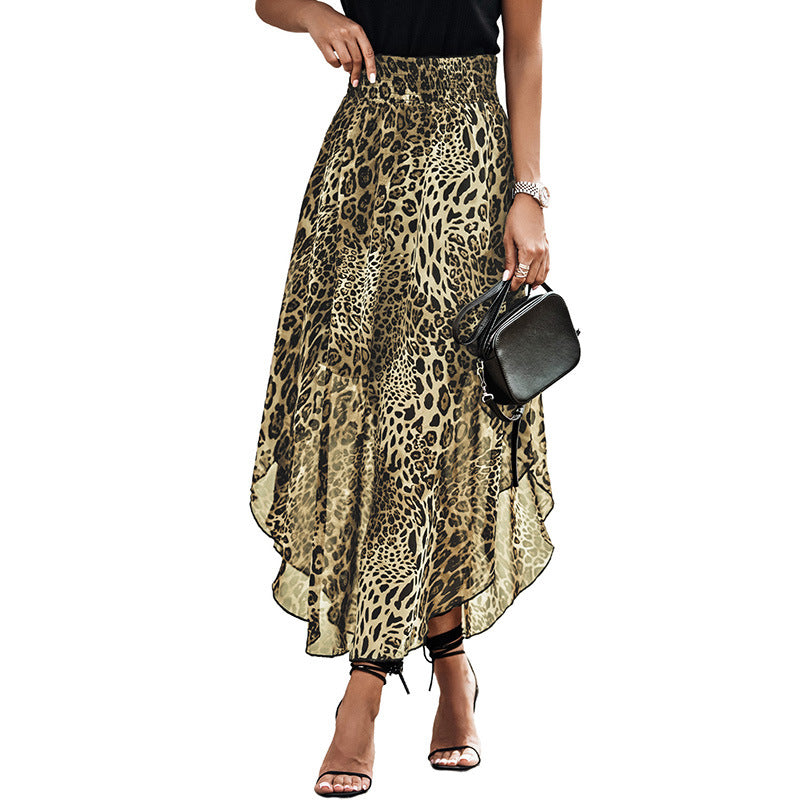 Summer Long Skirt Women Draw Pleated Waist Leopard-Print Skirt Women Hot Sell Side Slit High-Waisted Chiffon Long Skirt