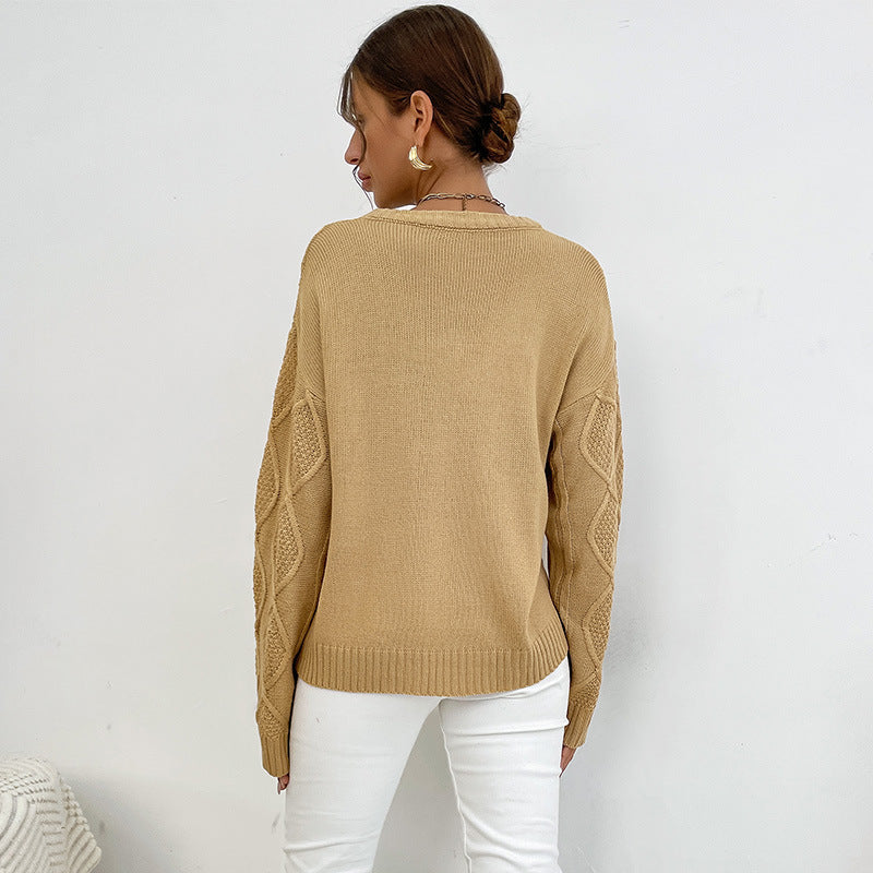 Fashion Women's Casual Solid Color Long Sleeve Jacquard Crewneck Sweater Woman