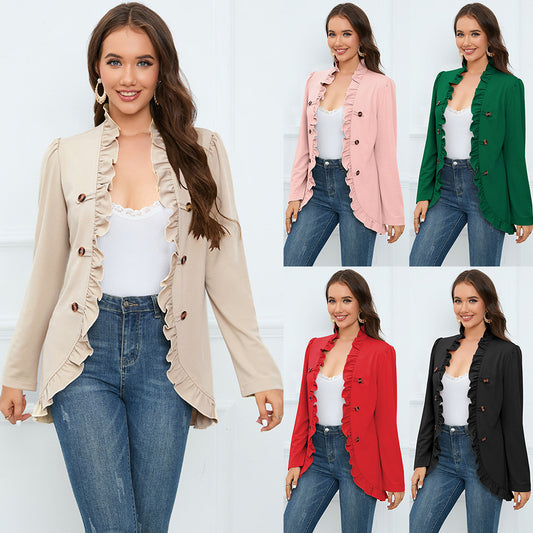 Women's Ruffled Cardigan Button Small Coat  Autumn And Winter New Long-Sleeved Short Small Suit