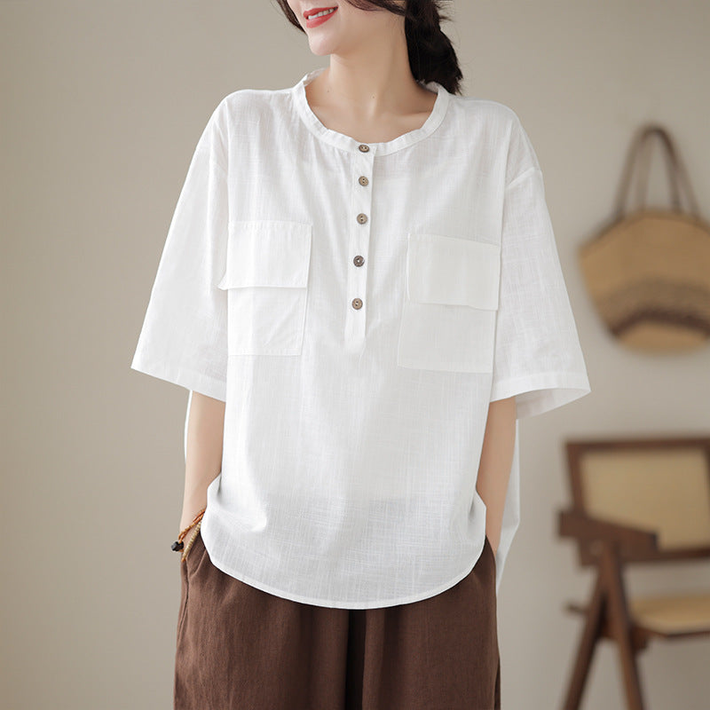 Linen Shirt Woman Summer Collar Large Size Loose Casual Shirt Short Sleeve Blouse Fat T-Shirt Woman