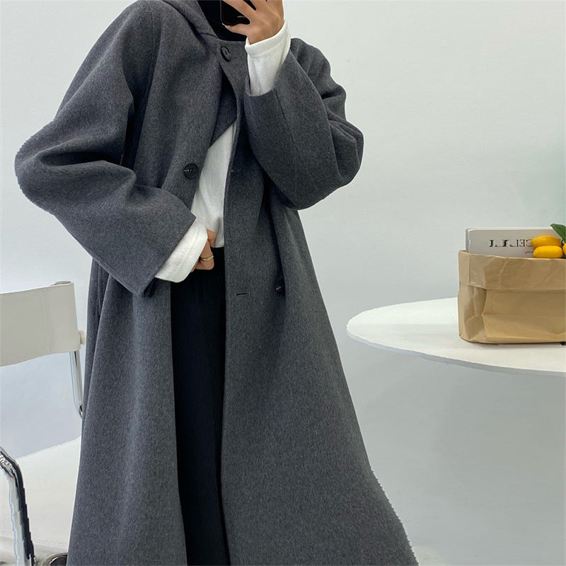 Hooded Long Autumn And Winter New Loose And Lazy Woolen Coat Double-Sided Wool Coat Woman