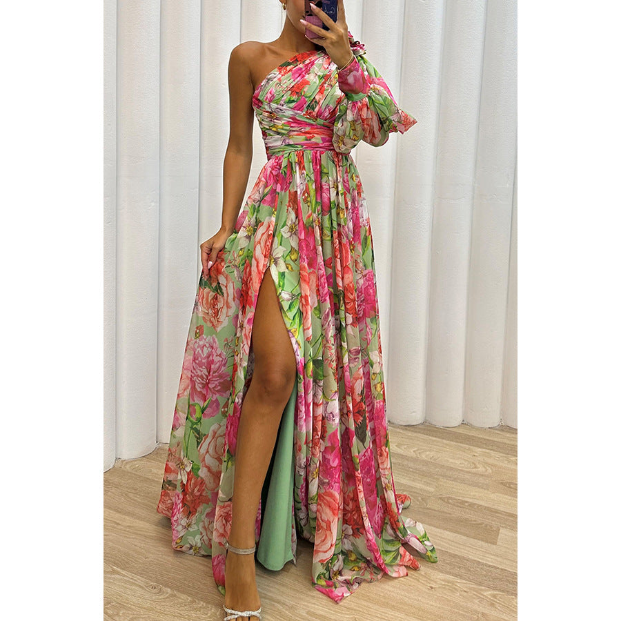 Autumn And Winter Party New Casual Split Dress Loose Multi-Color Oblique Shoulder Dress