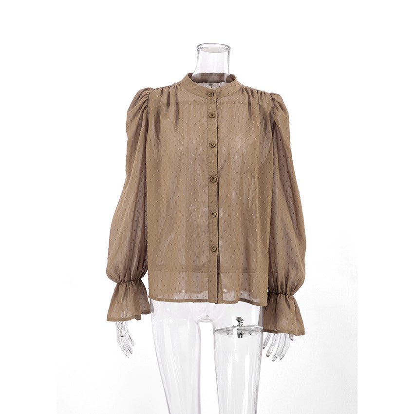 Autumn Temperament Fashion Jacquard Chiffon Shirt Female Niche Loose Ruffled Puffy Sleeve Shirt Top