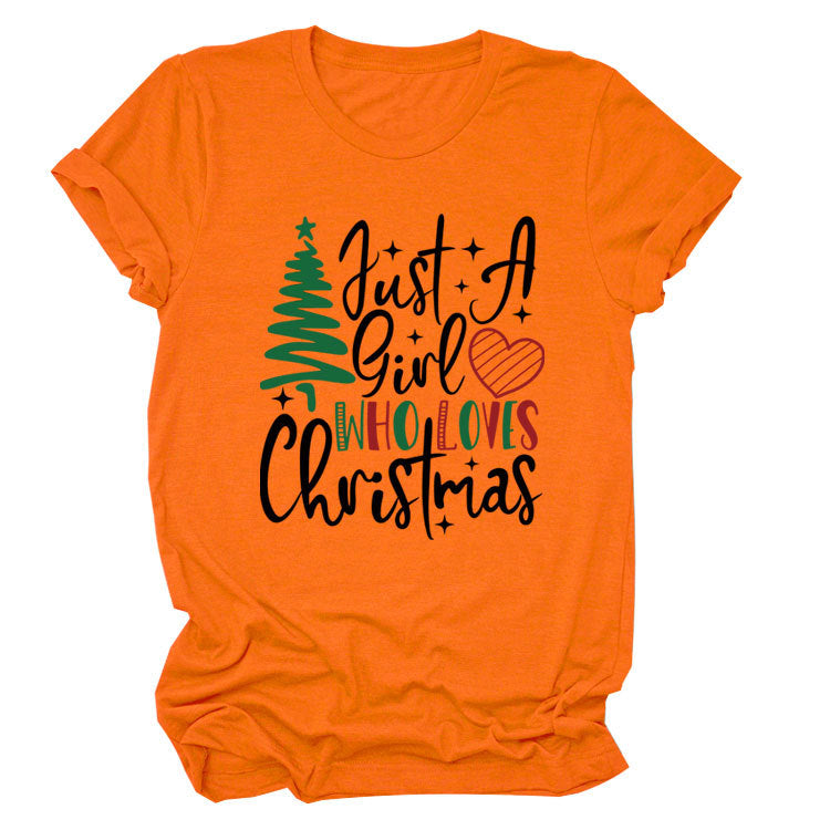 New Just A Girl Fun Christmas Tree Print Round Neck Short Sleeve Female Spot