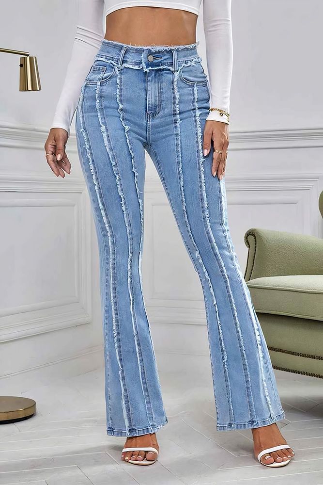 Frayed Detail Mid Waist Flare Jeans