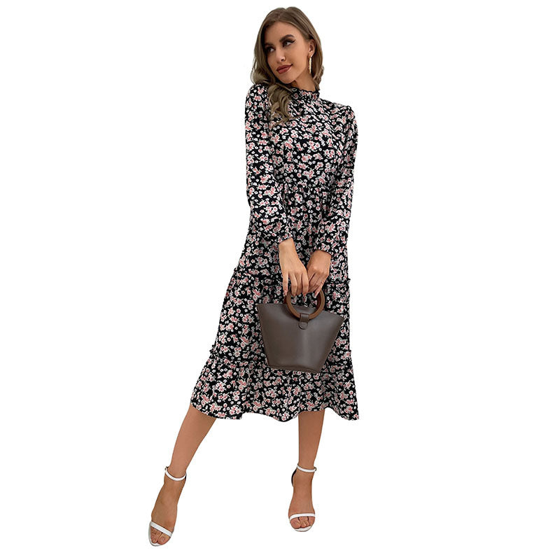 New Autumn And Winter New Women's Dress In The Long Half High Neck Pleated Print Dress