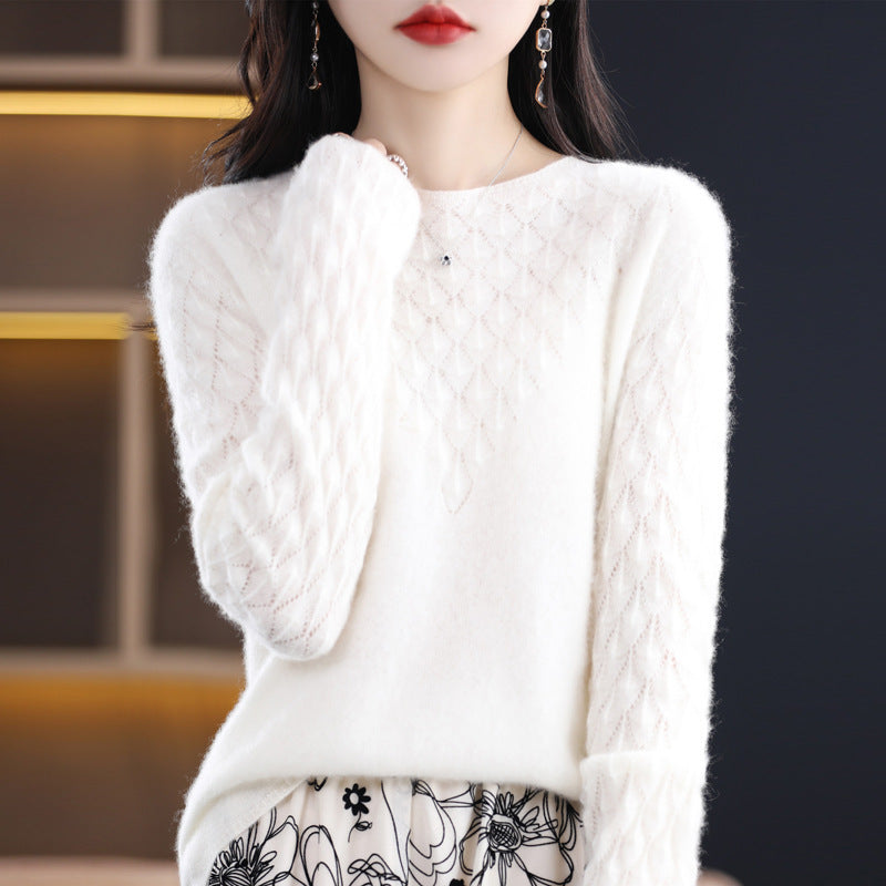 Early Spring New 100 Woolen Sweater Women's Round Neck Sweater Hollowed Out All-Over Cashmere Sweater Base