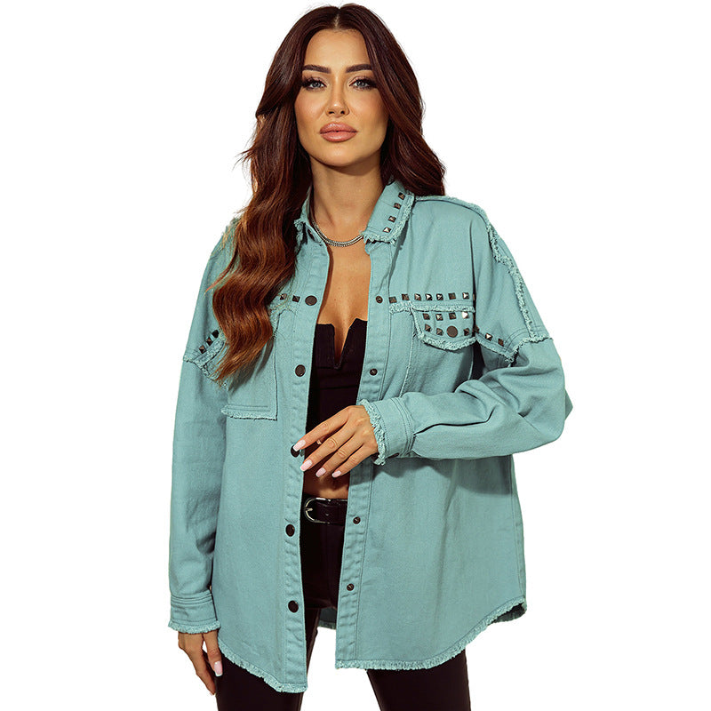 Autumn New Solid Color Denim Coat Female Personality Woolen Rivet Jacket Female