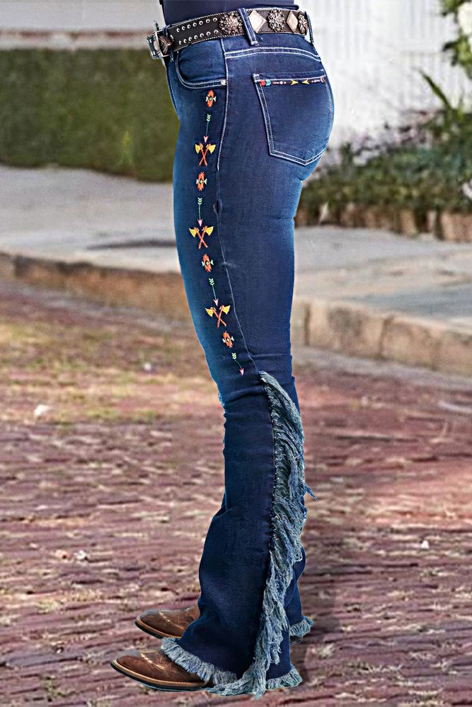 Embroidery Side Fringe Side Raw Hem Mid Waist Bootcut Jeans Without Belt