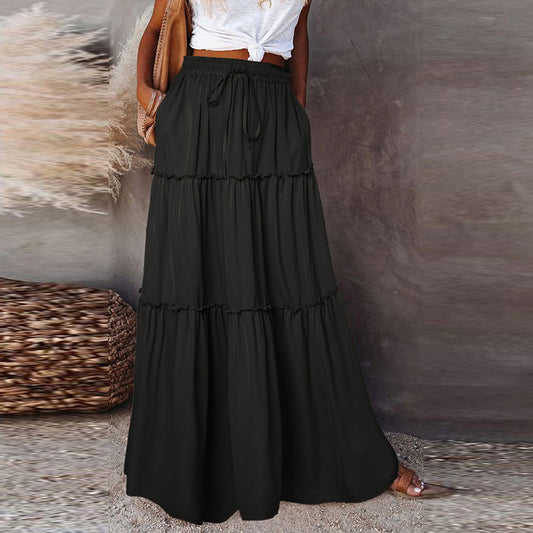 Autumn And Winter New Solid Color Knee-Length Skirt Women Lace-Up Casual Dress