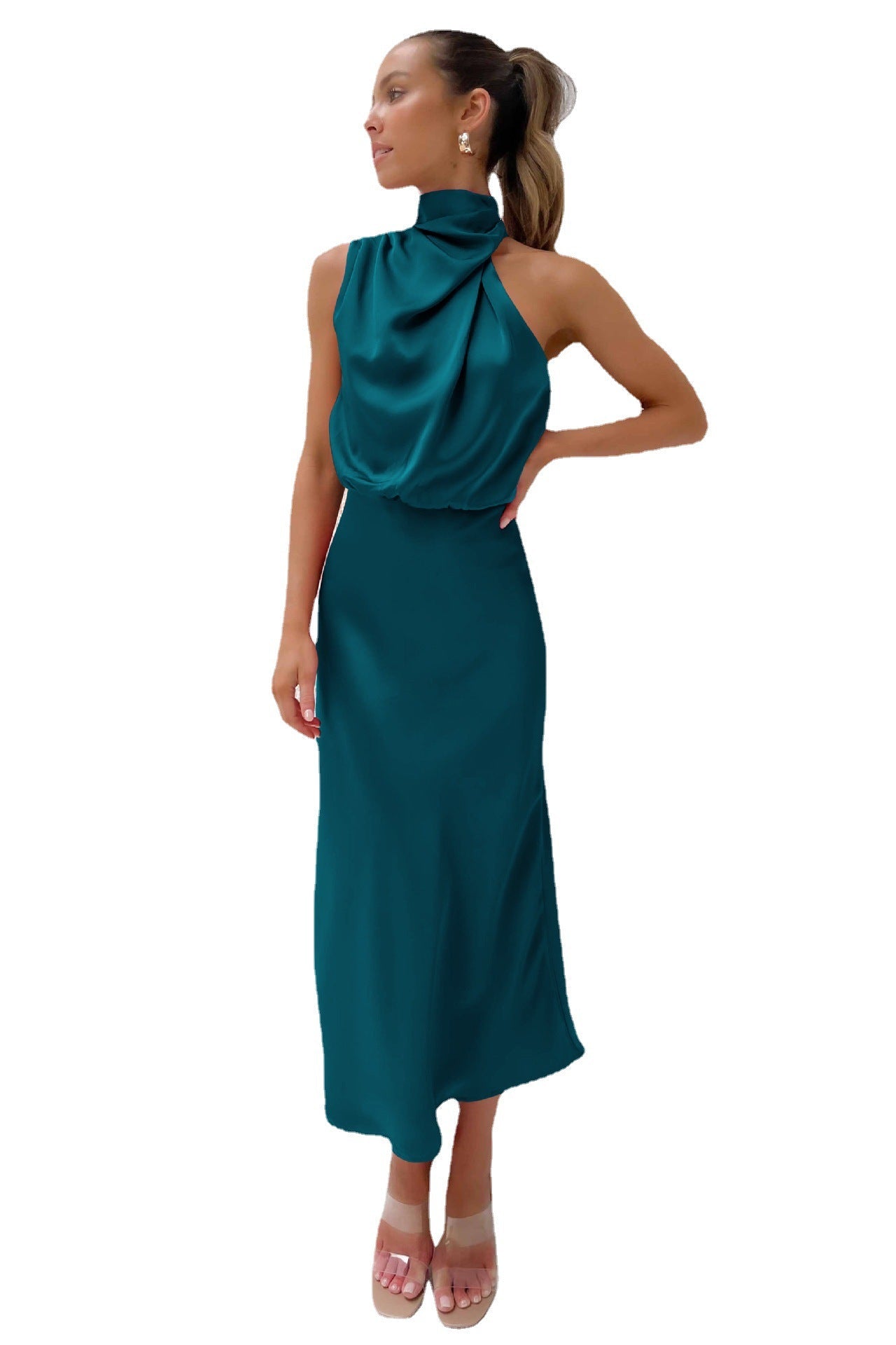 Spring And Summer New High-Grade Satin Sleeveless Dress Fashion Elegant Ladies Light Evening Dress