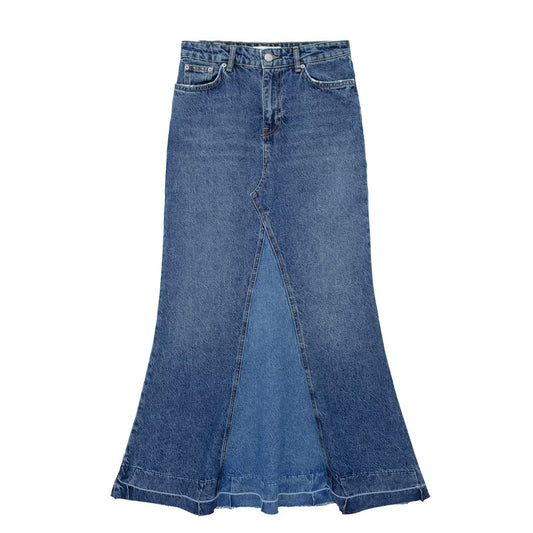 Spring Women's Casual Denim Spliced Flared Skirt