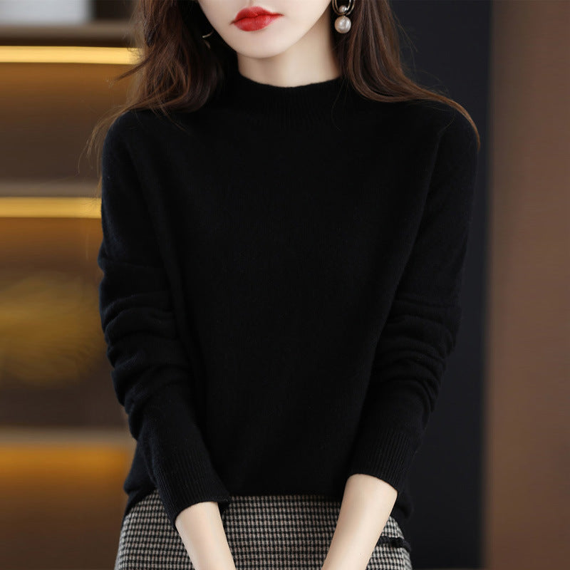 Autumn/Winter Seamless Woolen Sweater Women's 100 Wool Half Turtleneck Loose Pullover Sweater With Slimming Undercoat