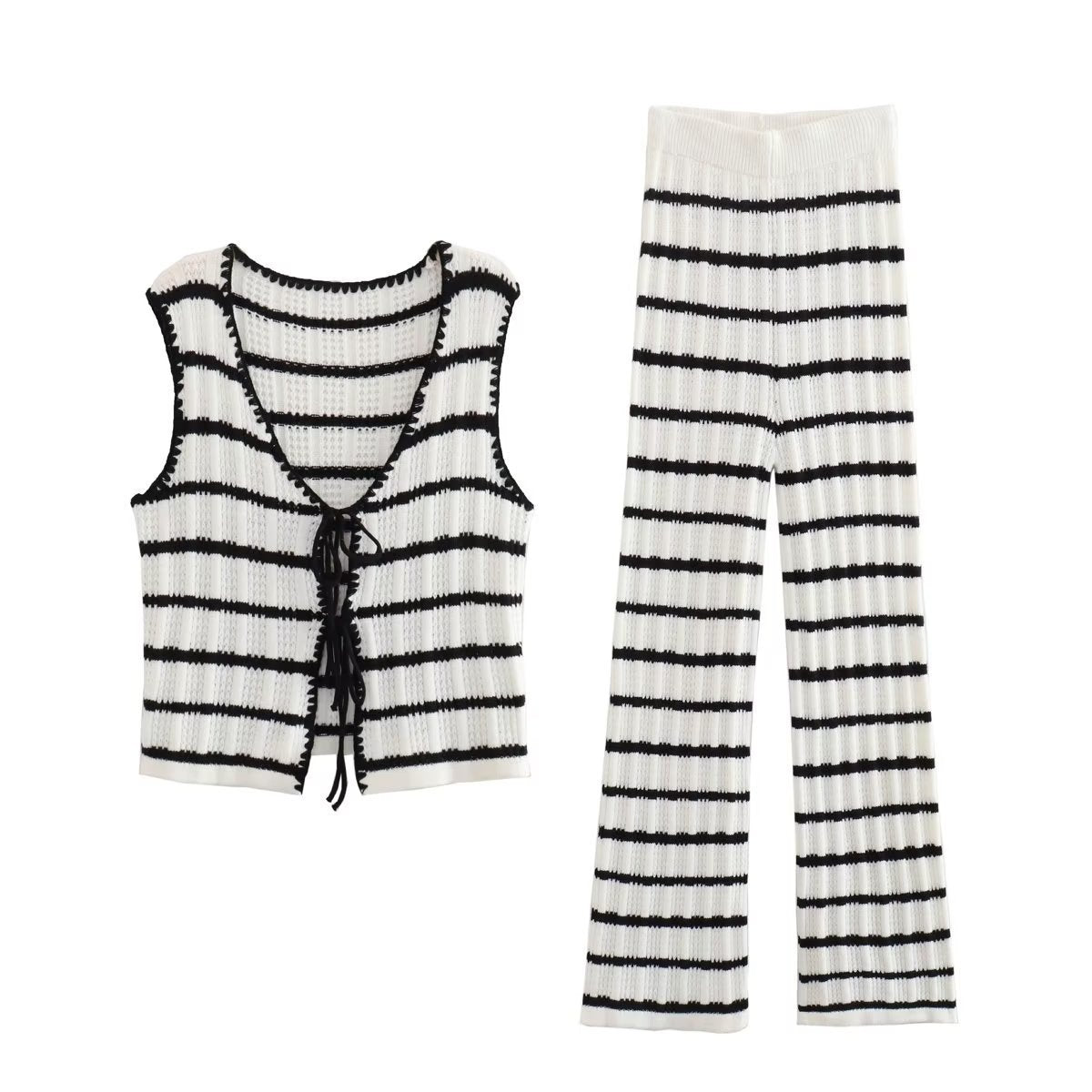 Casual Suit Knitted Lace-Up Cardigan Vest Top + Casual Pants Two Sets of Women's Pants