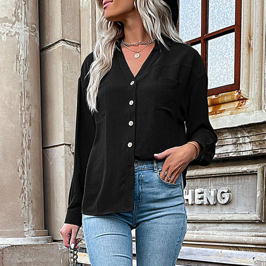 Fashion autumn new Women's lapel solid color shirt