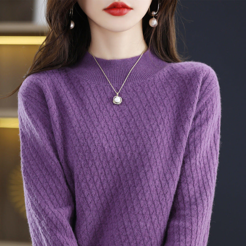 Full Body Jacquard Female Half Turtleneck 100 Woolen Sweater Autumn And Winter New Loose Foreign Style Cashmere Sweater To Wear