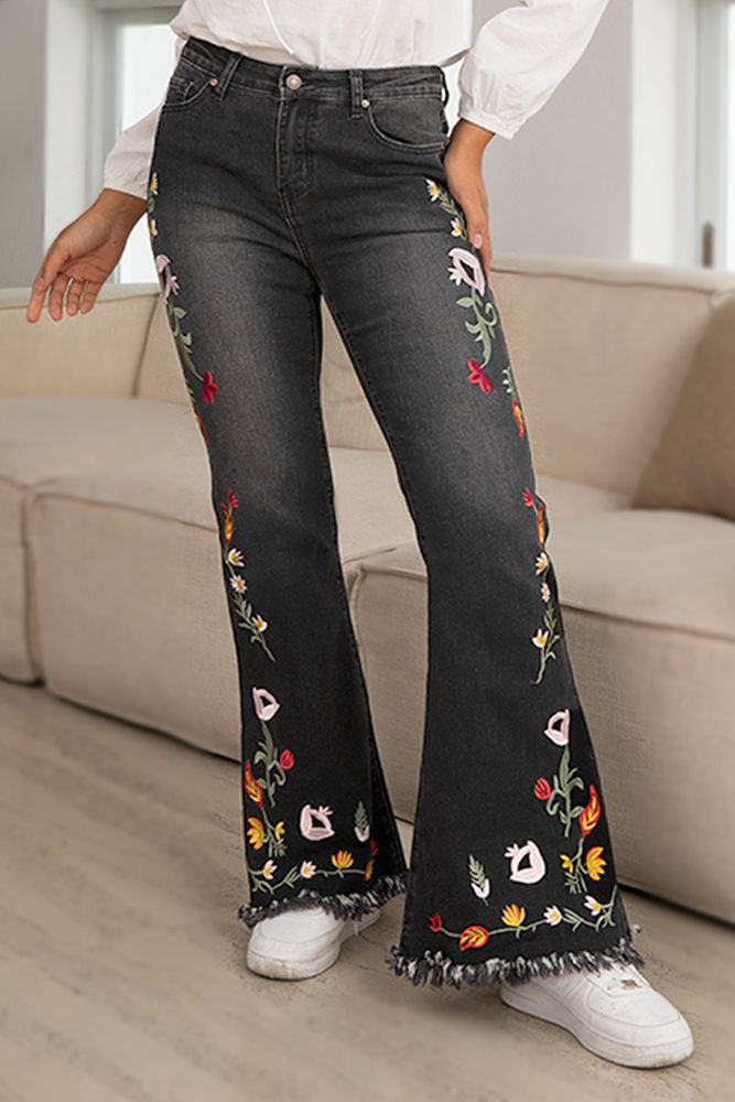 Floral Embroidery Raw Hem Mid Rise Flare Jeans