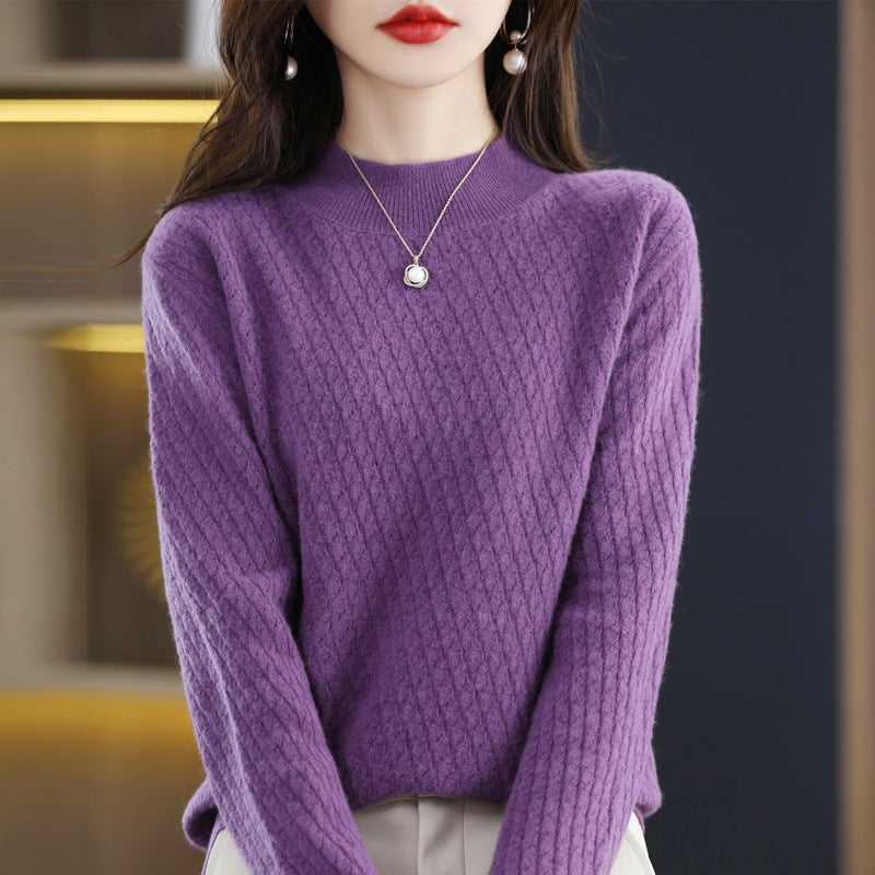 Full Body Jacquard Female Half Turtleneck 100 Woolen Sweater Autumn And Winter New Loose Foreign Style Cashmere Sweater To Wear