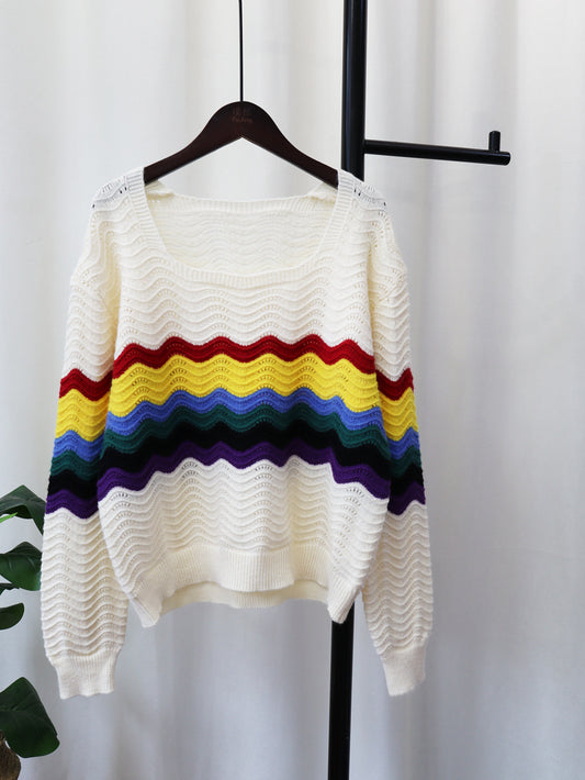 Rainbow Striped Square Collar Sweater