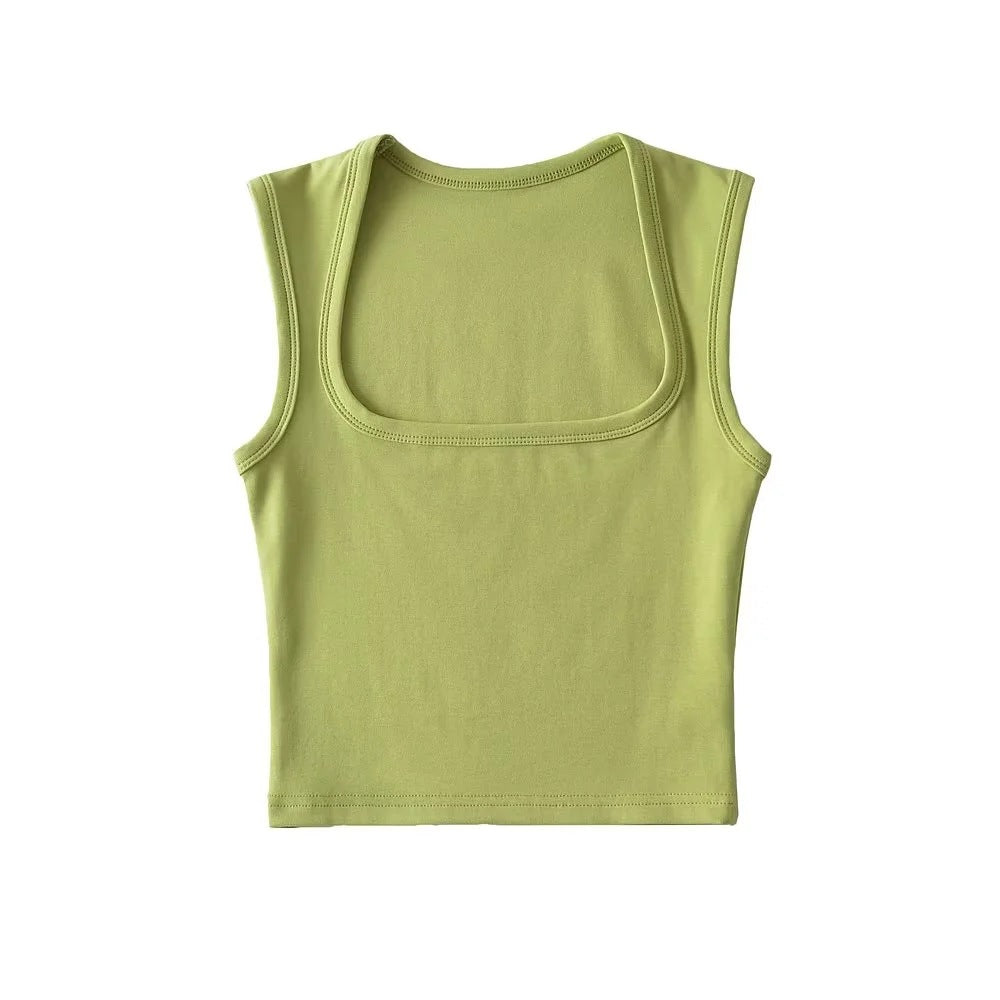 Summer Sexy Slim Deep Square Neck Vest Women Short Crop Tight Solid Color Sleeveless Top Small T Tide