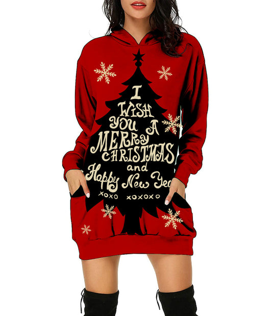 Autumn And Winter Women's Christmas Digital Printed Pullover Medium Long Hoodie Urban Casual Hoodie Dress