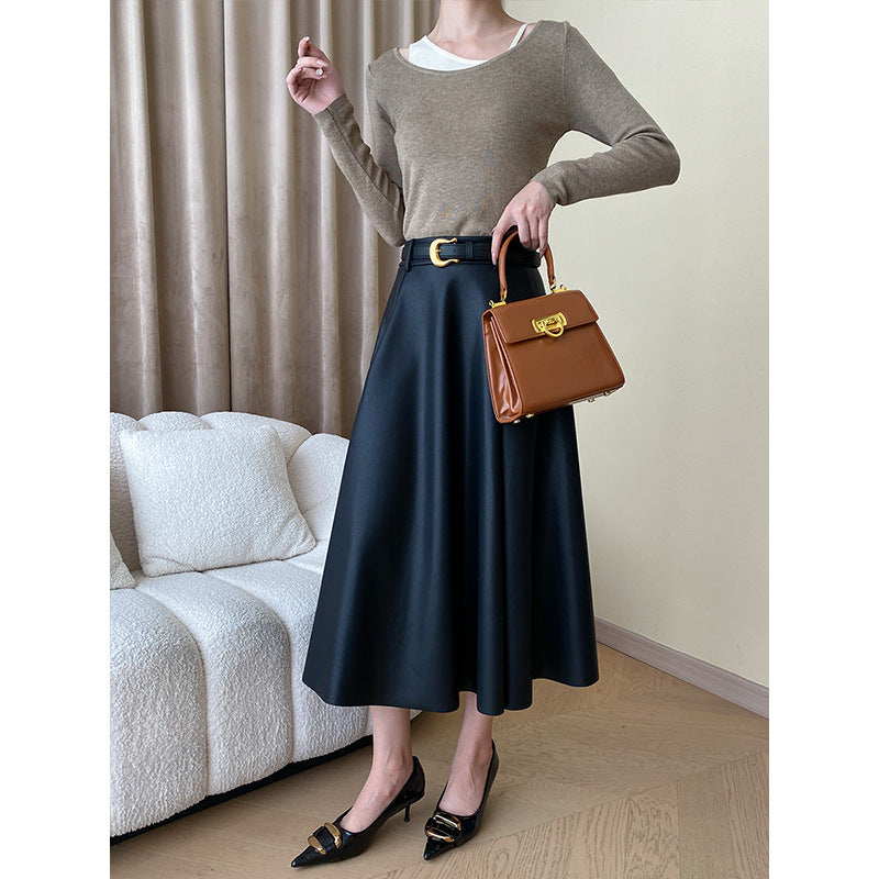 Commuter Style Pleated Temperament A-Line Leather Skirt