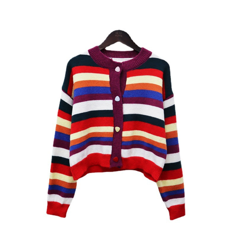 Thin striped sweater top for women new spring/summer new crewneck retro design sense of fashion sweater cardigan tide