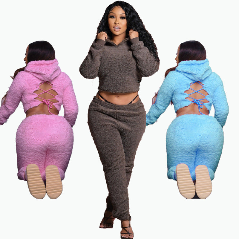 Large Size Women's Sexy Halter Hooded Top Cashmere Winter 2-Piece Set