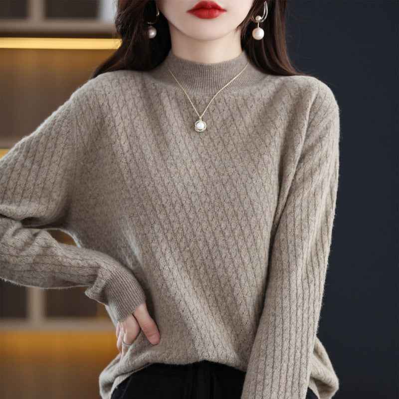 Full Body Jacquard Female Half Turtleneck 100 Woolen Sweater Autumn And Winter New Loose Foreign Style Cashmere Sweater To Wear