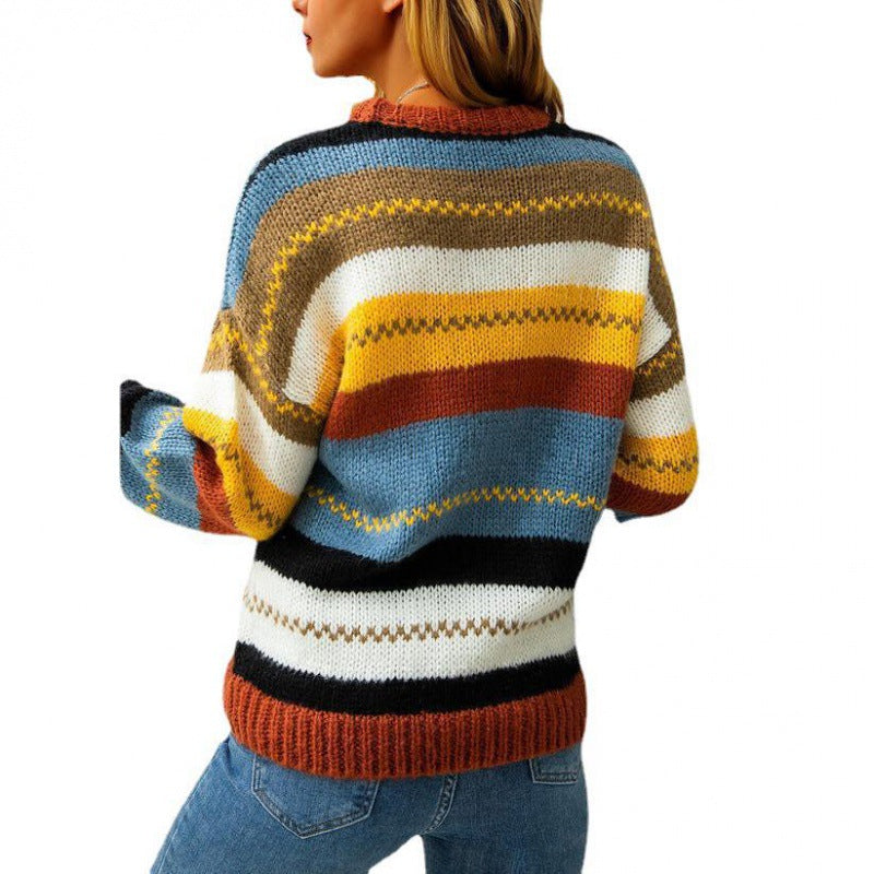 New Spring and Autumn New Women's Color Stripes Splicing Crewneck Long-sleeved Sweater