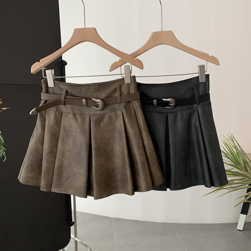 Vintage Style Autumn Fashion High-Waisted Pleated Pu Leather Skirt Anti-Exposure A-Line Skirt