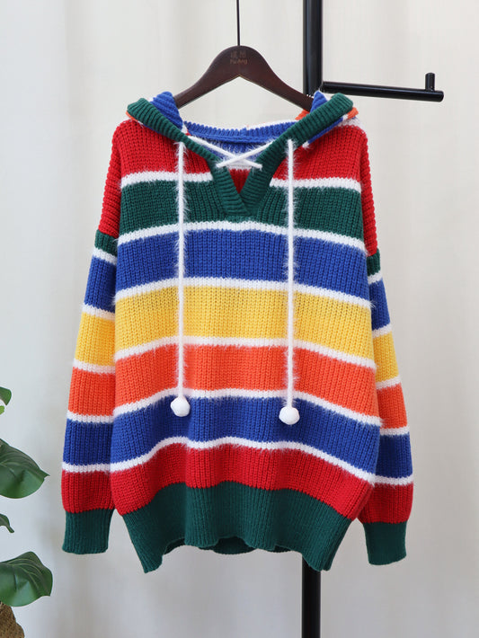 Hooded colored striped sweater top Women's new autumn and winter version of loose mid-length lazy sweater cover