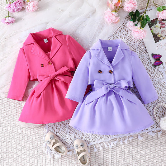 Spring And Autumn Sweet Simple Girls Lapel Long Sleeve + Solid Color Slip Dress Two-Piece Set Of A Hair